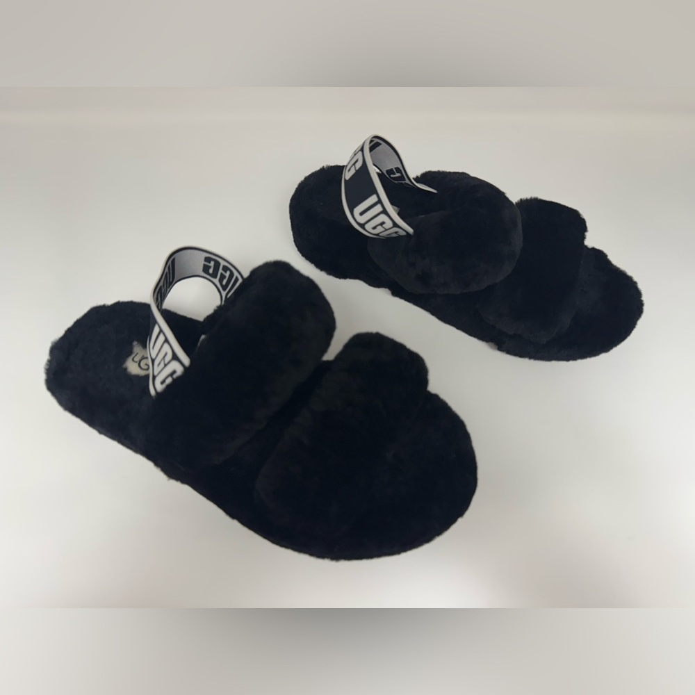 Ugg Fur Slide Slipper Lamb Fur Adjustable Strap Black Womens 6